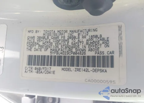 2012 Toyota Corolla S from USA, damaged, VIN 5YFBU4EE9CP004826